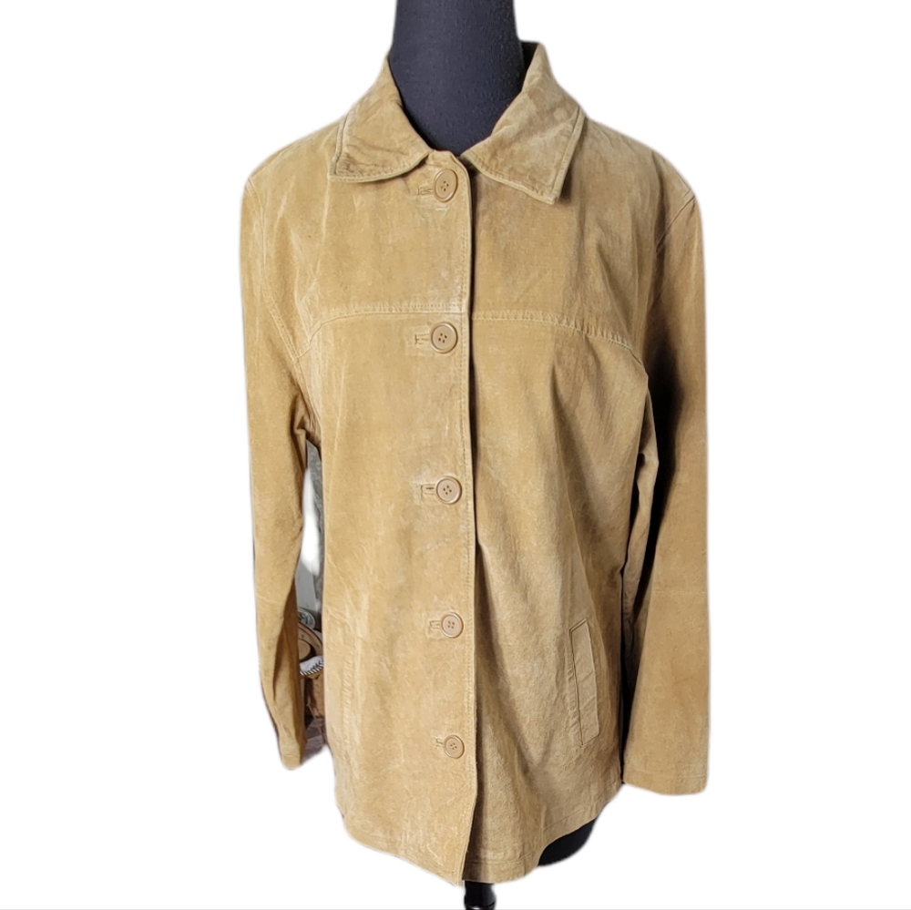 Moda International women's small genuine leather suede tan button front jacket